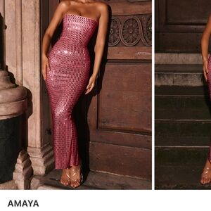 Oh Polly Amaya Embellished Bandeau Maxi Dress in Watermelon